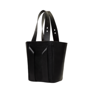 black leather handbag from side view fully opened with adjustable strap showing