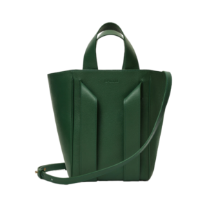 green leather shoulder bag showing long strap and adjustable second strap