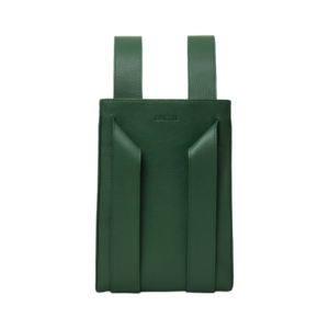 green leather handbag front view with folded in sides to show adjustable shape