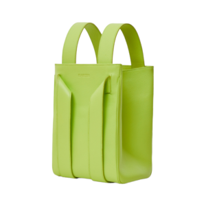 green leather handbag in square position from side view