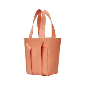 pink leather handbag from side view