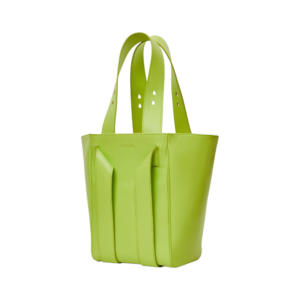 green leather handbag with side view showing adjustable straps